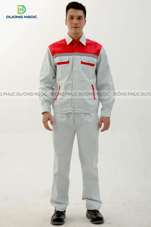  DN13.QUẦN ÁO BẢO HỘ MÀU GHI PHỐI ĐỎ